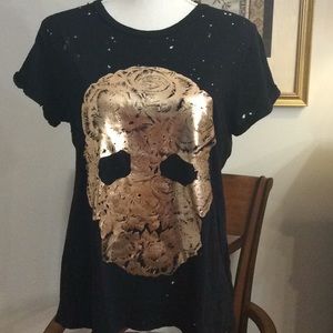 Distressed Lauren Moshi gold foil Skull t XS